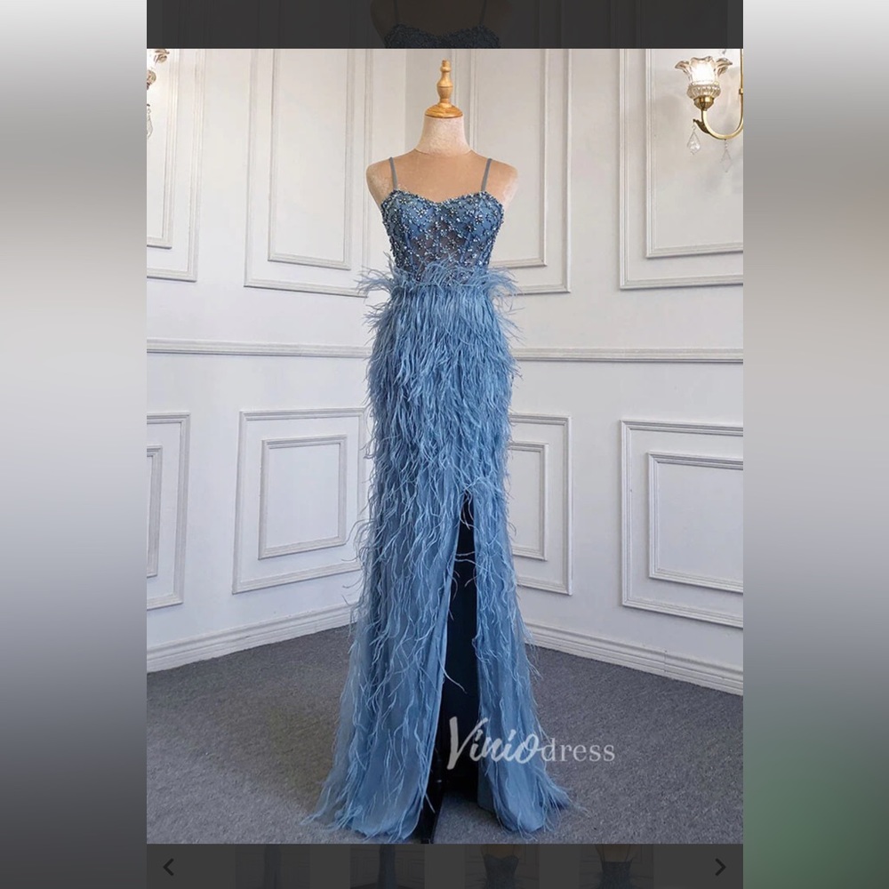 Blue Feather Prom Dresses with Slit Spaghetti Strap Sheath Pageant Dress